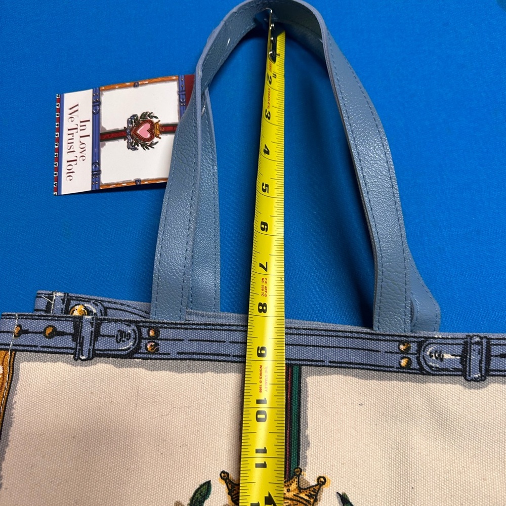NWT Brighton In Love We Trust Promo Tote Bag Canvas Blue Leather Handles - Picture 9 of 11